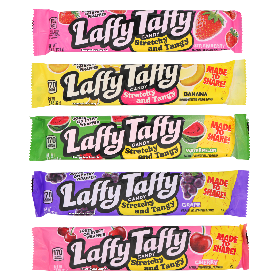 Laffy Taffy Stretchy and Tangy Candy Bars 1.5oz in five flavors strawberry banana watermelon grape and cherry with jokes on every wrapper