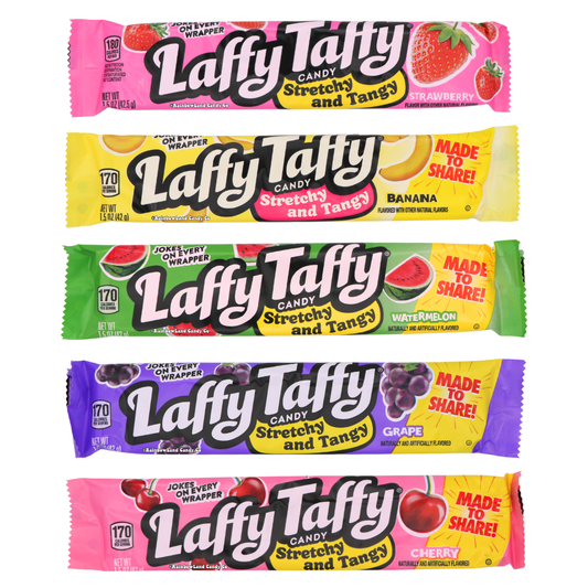 Laffy Taffy Stretchy and Tangy Candy Bars 1.5oz in five flavors strawberry banana watermelon grape and cherry with jokes on every wrapper