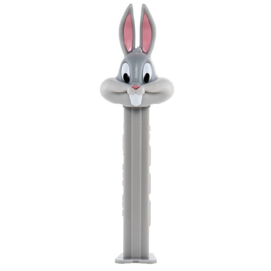 Looney Tunes Bugs Bunny PEZ dispenser with gray fur, pink-lined ears, and a white muzzle, gray dispenser.