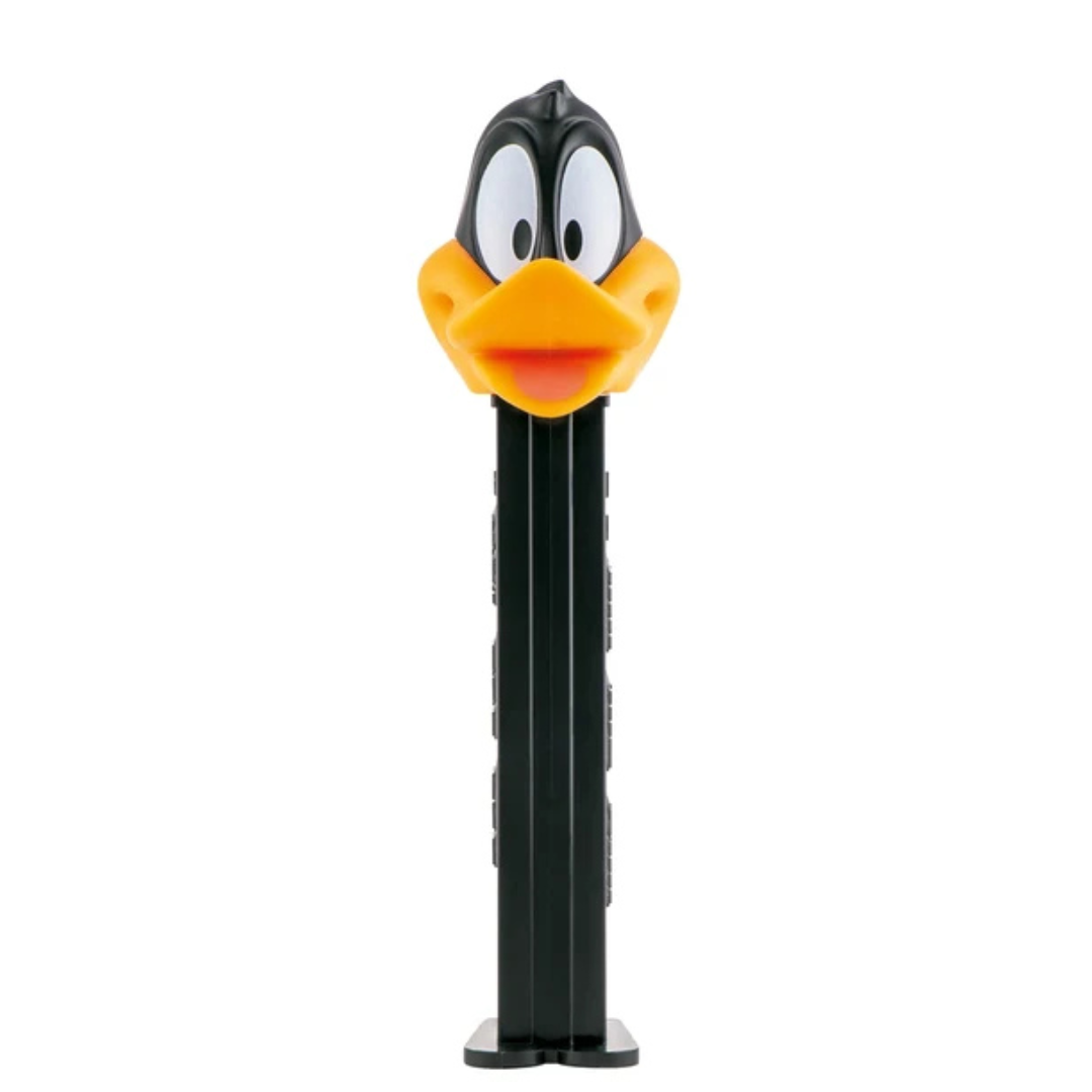 Looney Tunes Daffy Duck PEZ dispenser with a glossy black head and orange bill, black dispenser.