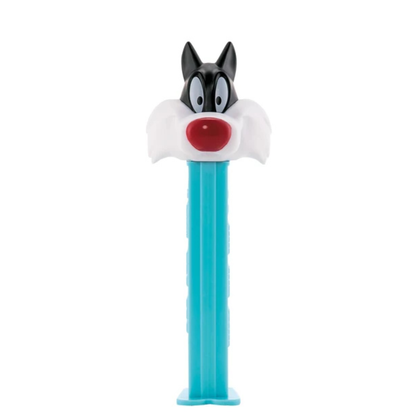 Looney Tunes Sylvester the Cat PEZ dispenser with a black-and-white face and red nose, teal dispenser.