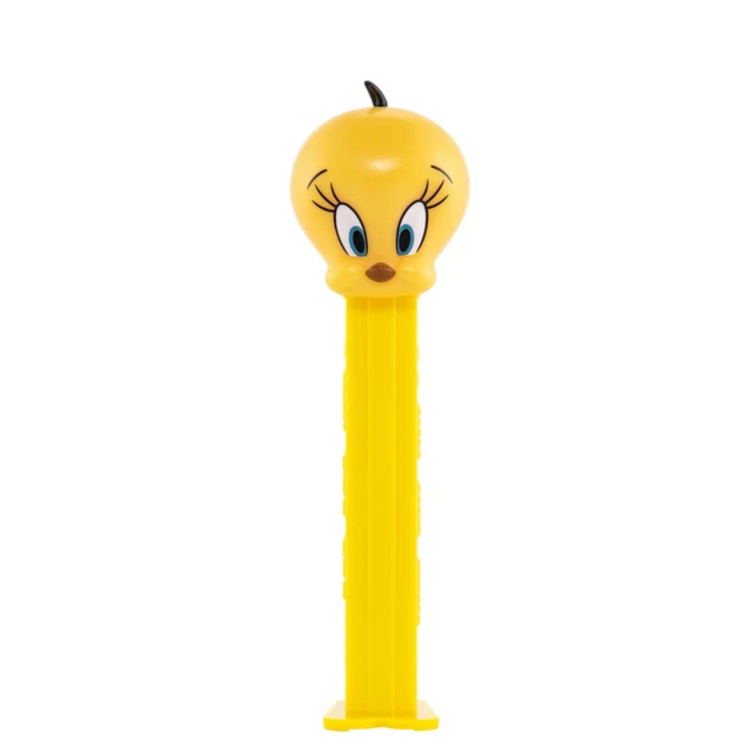 Looney Tunes PEZ dispenser featuring Tweety Bird with a round yellow head and curled feather, yellow dispenser.