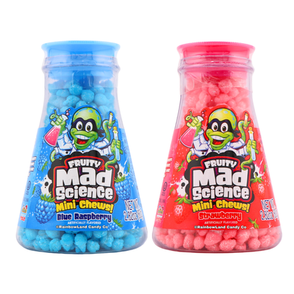 Two beaker-shaped containers of Mad Science Mini Chews candy, one Blue Raspberry and one Strawberry, displayed side by side.