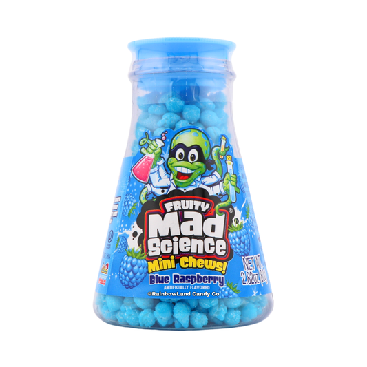 A beaker-shaped container of Mad Science Mini Chews candy in Blue Raspberry flavor, filled with small blue chewy candies.