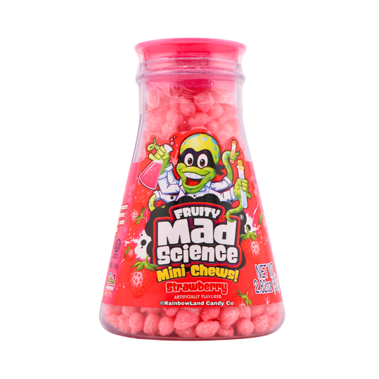 A beaker-shaped container of Mad Science Mini Chews candy in Strawberry flavor, filled with small pink chewy candies.