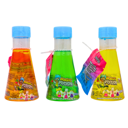 Magic Potion Liquid Candy bottles in orange, green, and yellow, shaped like science beakers with blue caps, featuring a cartoon scientist character on each label, net weight 2.46 fl oz each.