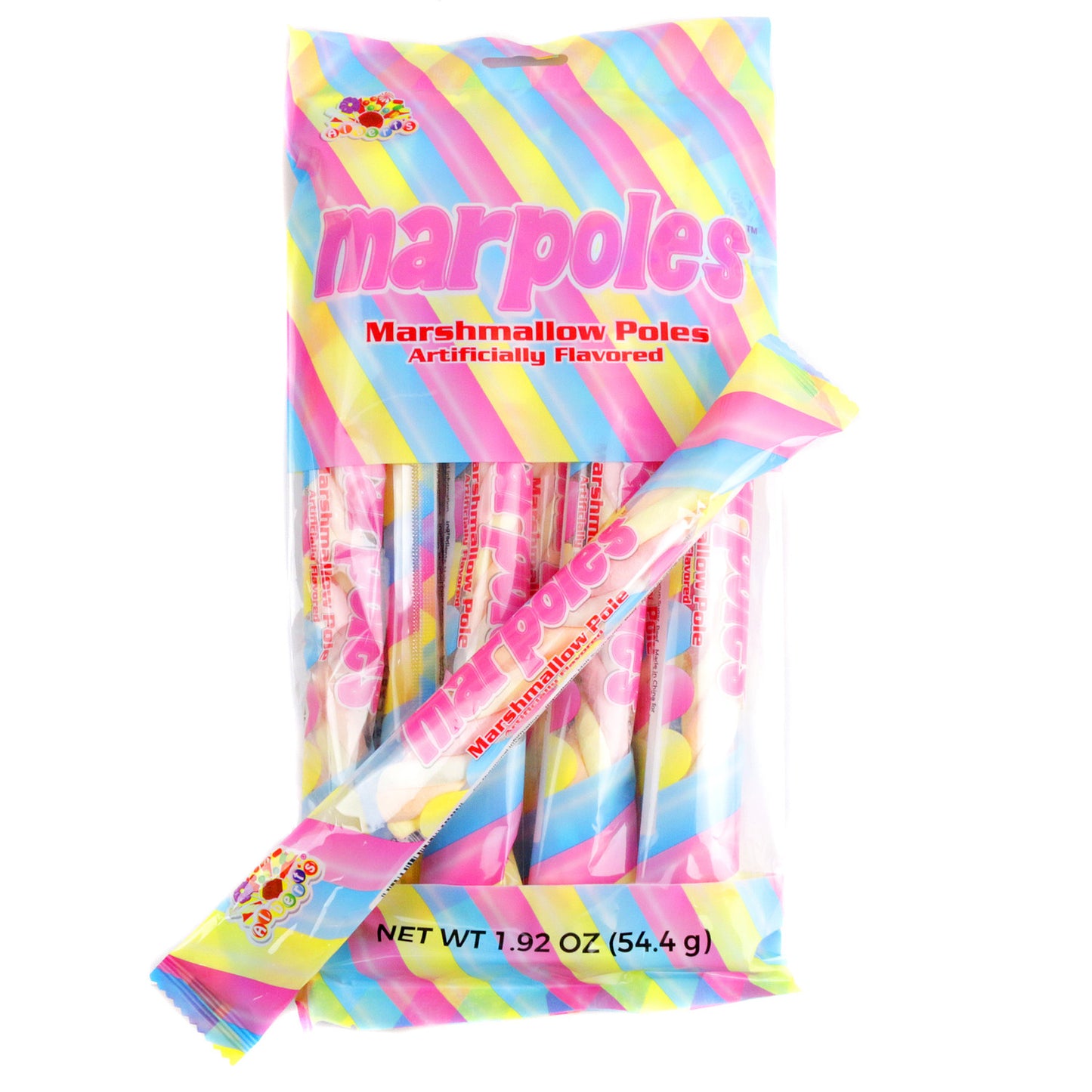 A rainbow-striped bag of Marpoles Marshmallow Poles by Alberts, filled with individually wrapped twisted marshmallow candy sticks in pink, blue, yellow, and white, with one pole shown outside the bag, net weight 1.92 oz (54.4g), sold by RainbowLand Candy Co.