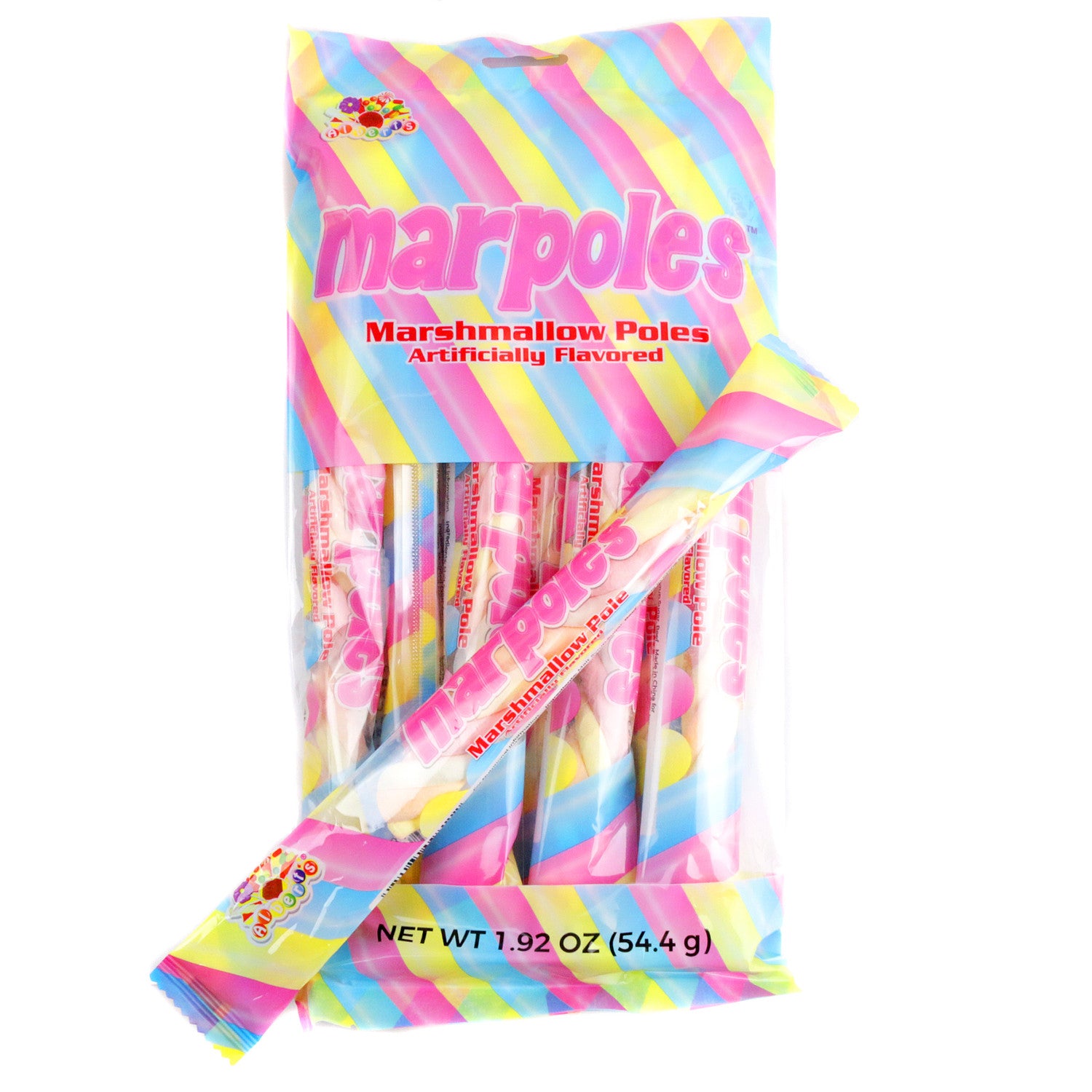 A rainbow-striped bag of Marpoles Marshmallow Poles by Alberts, filled with individually wrapped twisted marshmallow candy sticks in pink, blue, yellow, and white, with one pole shown outside the bag, net weight 1.92 oz (54.4g), sold by RainbowLand Candy Co.