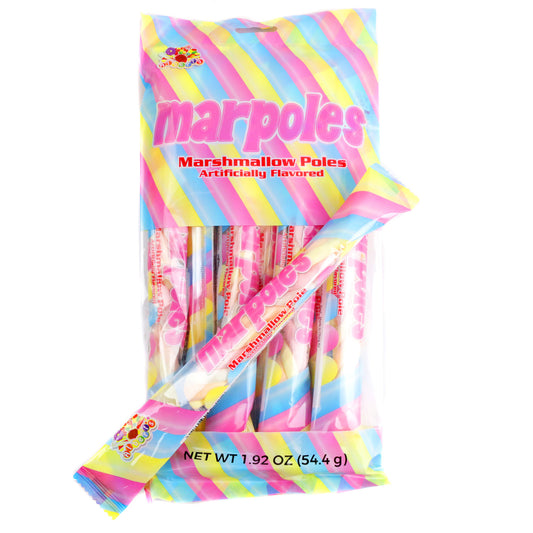 A rainbow-striped bag of Marpoles Marshmallow Poles by Alberts, filled with individually wrapped twisted marshmallow candy sticks in pink, blue, yellow, and white, with one pole shown outside the bag, net weight 1.92 oz (54.4g), sold by RainbowLand Candy Co.