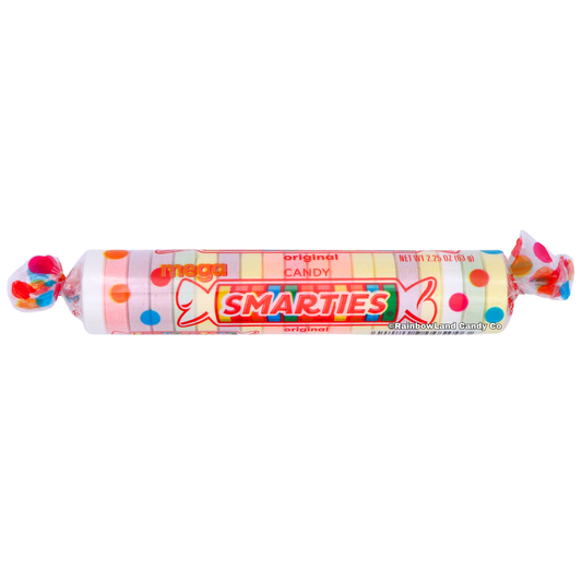 Mega Smarties candy roll, white wrapper with colorful polka dots and red "SMARTIES" logo, "mega" and "original candy" text, twisted ends showing large candy tablets, net weight 2.25 oz (63 g).