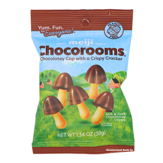 Meiji Chocorooms bag featuring five chocolate mushroom-shaped candies over a green hillside illustration, "Chocolatey Cap with a Crispy Cracker" text, peanut free badge, net weight 1.34 oz (38g).