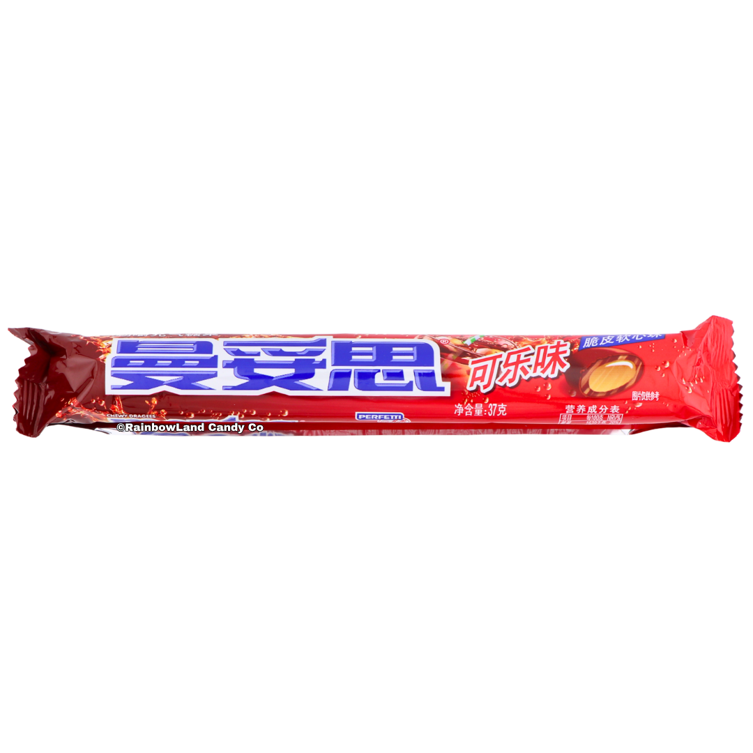 Mentos Cola Chewy Candy, 37g, in a red wrapper with Chinese characters, the Mentos brand logo in blue, cola flavor callout, and an image of a chewy dragee candy piece on the front.