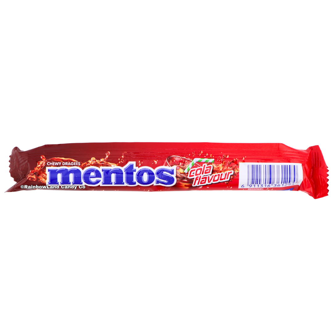 Mentos Cola Flavour Chewy Dragees, 37g, in a red wrapper featuring "mentos" branding in blue, "cola flavour" text, cola splash imagery, and a barcode on the back.
