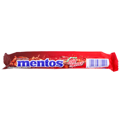Mentos Cola Flavour Chewy Dragees, 37g, in a red wrapper featuring "mentos" branding in blue, "cola flavour" text, cola splash imagery, and a barcode on the back.
