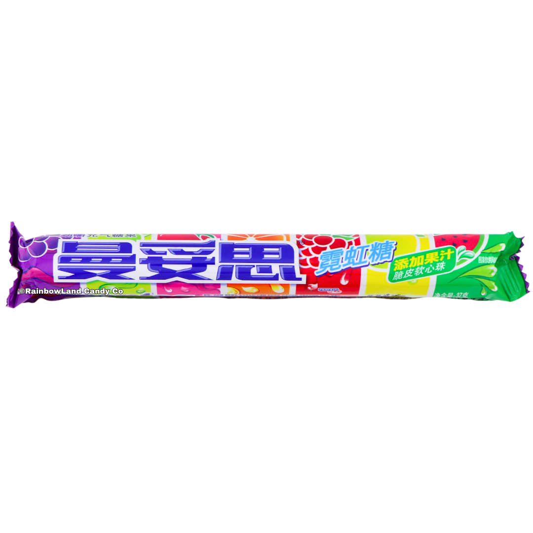 Mentos Neon Candy, 37g, in a vibrant rainbow-colored wrapper with Chinese characters, the Mentos brand logo in blue, colorful fruit illustrations, and Perfetti branding on the front.
