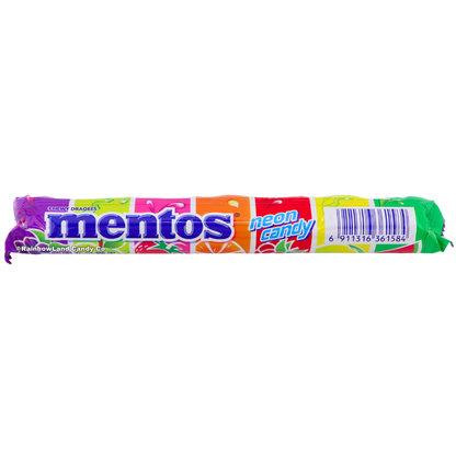 Mentos Neon Candy, 37g, in a colorful rainbow wrapper featuring the Mentos logo in blue, "neon candy" text in light blue, and fruit graphics in purple, pink, orange, red, yellow, and green.