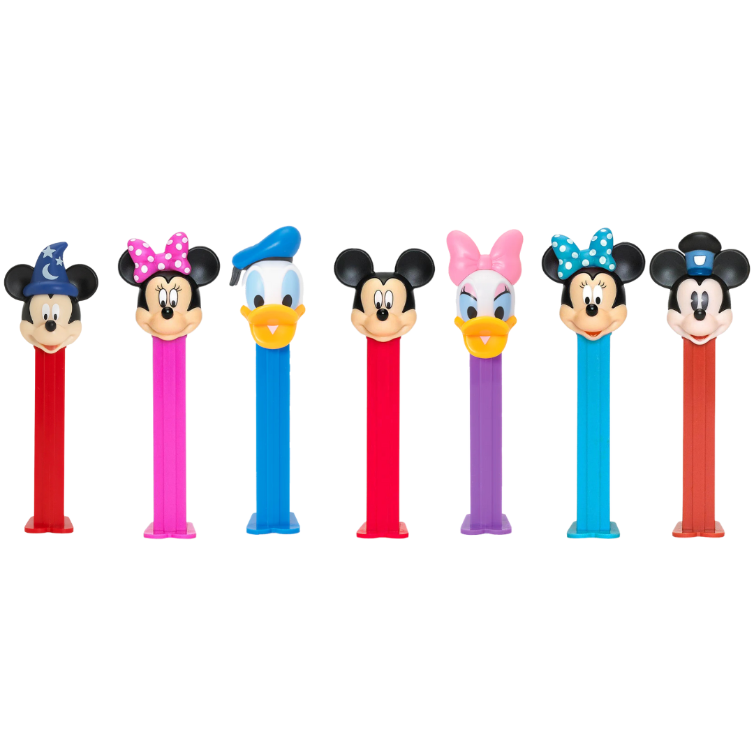 Mickey Mouse and Friends PEZ candy dispensers featuring Disney characters like Mickey, Minnie, Donald, and Daisy in colorful collectible candy dispensers.