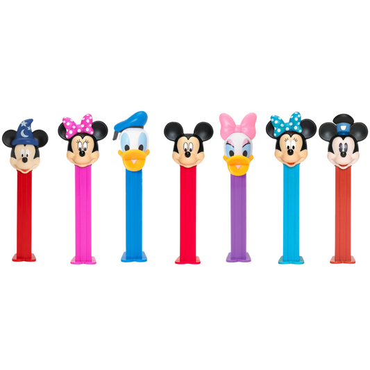 Mickey Mouse and Friends PEZ candy dispensers featuring Disney characters like Mickey, Minnie, Donald, and Daisy in colorful collectible candy dispensers.