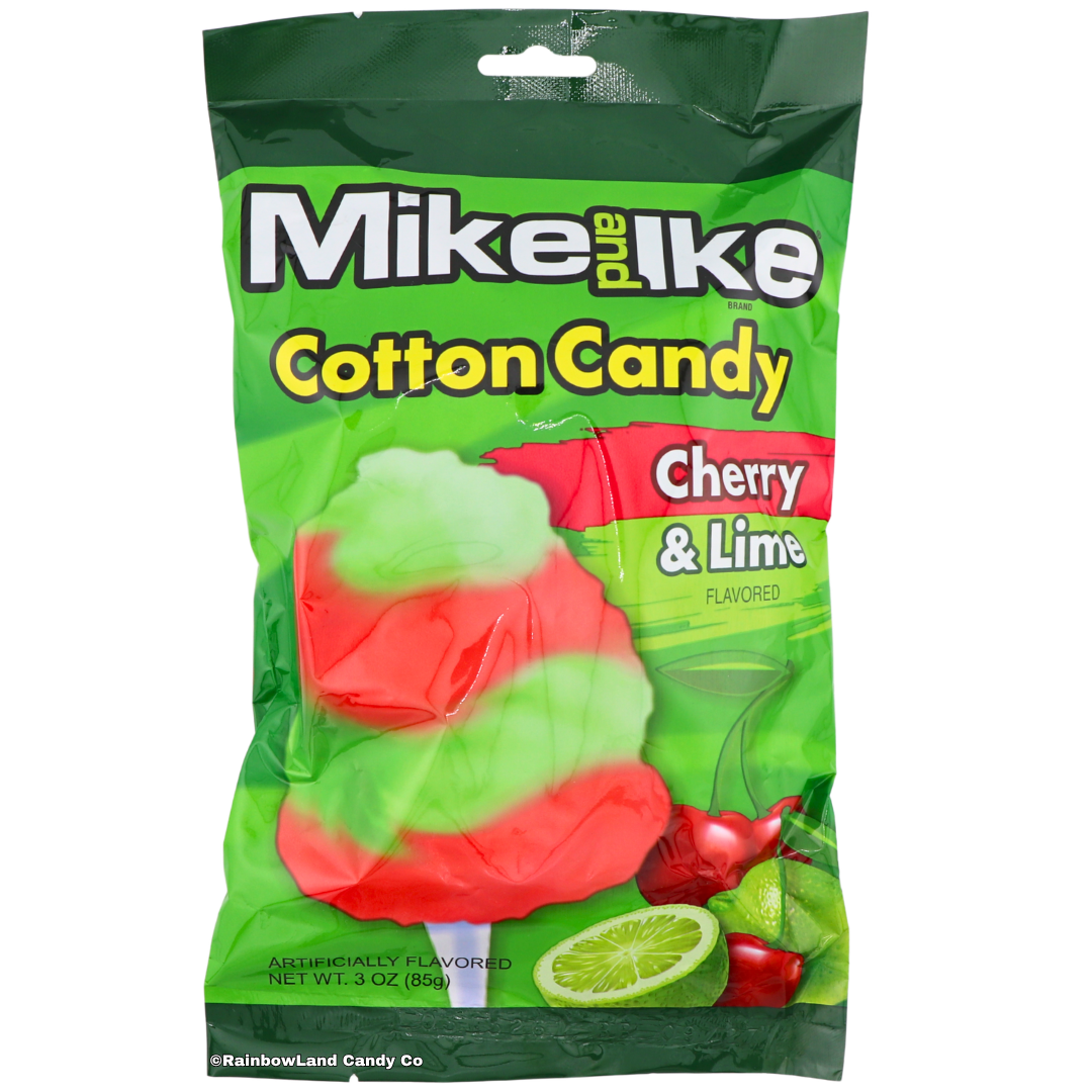 Mike and Ike Cotton Candy Cherry & Lime, green bag featuring a red and green swirled cotton candy pop with cherries and a sliced lime.