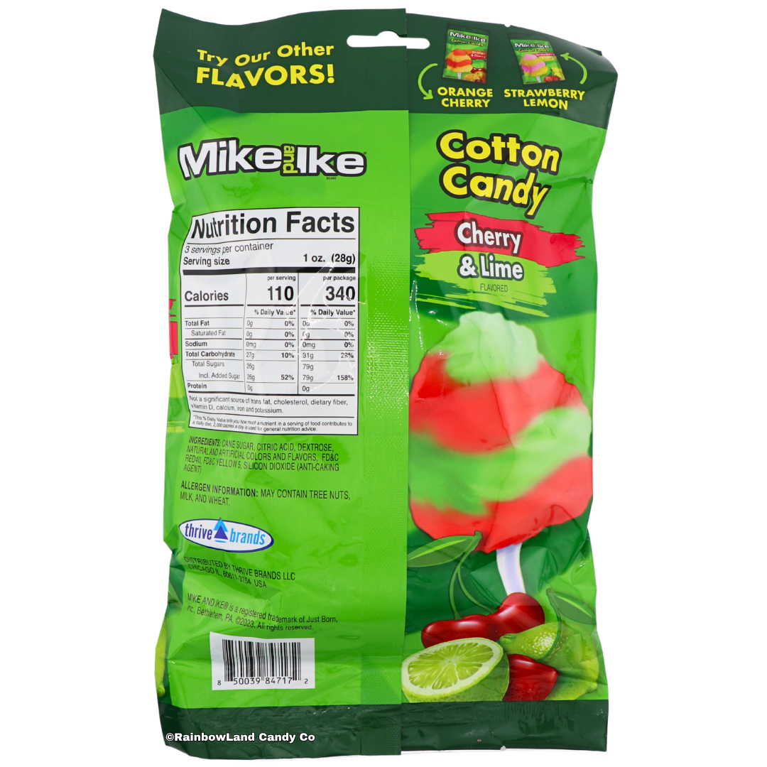 Back of Mike and Ike Cotton Candy Cherry & Lime bag showing Nutrition Facts, ingredients, and cross-sell art for Orange Cherry and Strawberry Lemon flavors, sold by RainbowLand Candy Co.