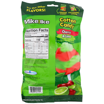 Back of Mike and Ike Cotton Candy Cherry & Lime bag showing Nutrition Facts, ingredients, and cross-sell art for Orange Cherry and Strawberry Lemon flavors, sold by RainbowLand Candy Co.
