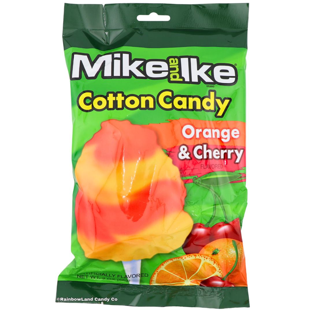 Mike and Ike Cotton Candy Orange & Cherry, green bag featuring an orange and red swirled cotton candy pop with cherries and orange slices.