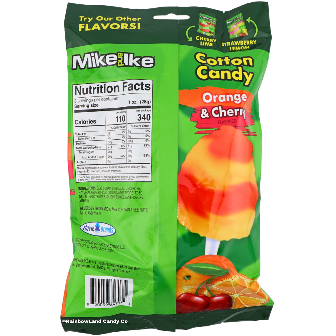 Back of Mike and Ike Cotton Candy Orange & Cherry bag showing Nutrition Facts, ingredients, and cross-sell art for Cherry Lime and Strawberry Lemon flavors, sold by RainbowLand Candy Co.