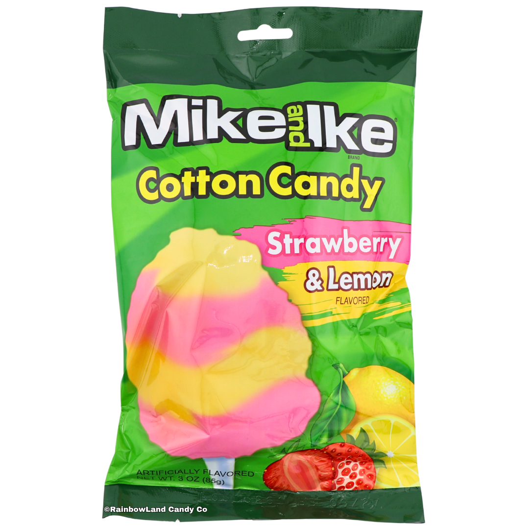 Mike and Ike Cotton Candy Strawberry & Lemon, green bag featuring a pink and yellow swirled cotton candy pop with strawberries and a lemon.