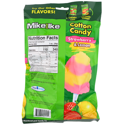 Back of Mike and Ike Cotton Candy Strawberry & Lemon bag showing Nutrition Facts, ingredients, and cross-sell art for Cherry Lime and Orange Cherry flavors, sold by RainbowLand Candy Co.