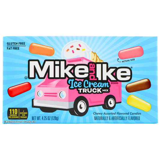 Box of Mike and Ike Ice Cream Truck Mix candy featuring colorful chewy candies in assorted flavors like strawberry shortcake, orange, cherry, banana, and chocolate waffle cone with ice cream truck design on packaging.