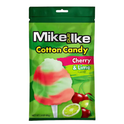 Mike and Ike Cotton Candy bag in Cherry & Lime flavor, featuring a red and green swirled cotton candy pop graphic on a green resealable pouch with cherry and lime fruit imagery, net wt. 3 oz.