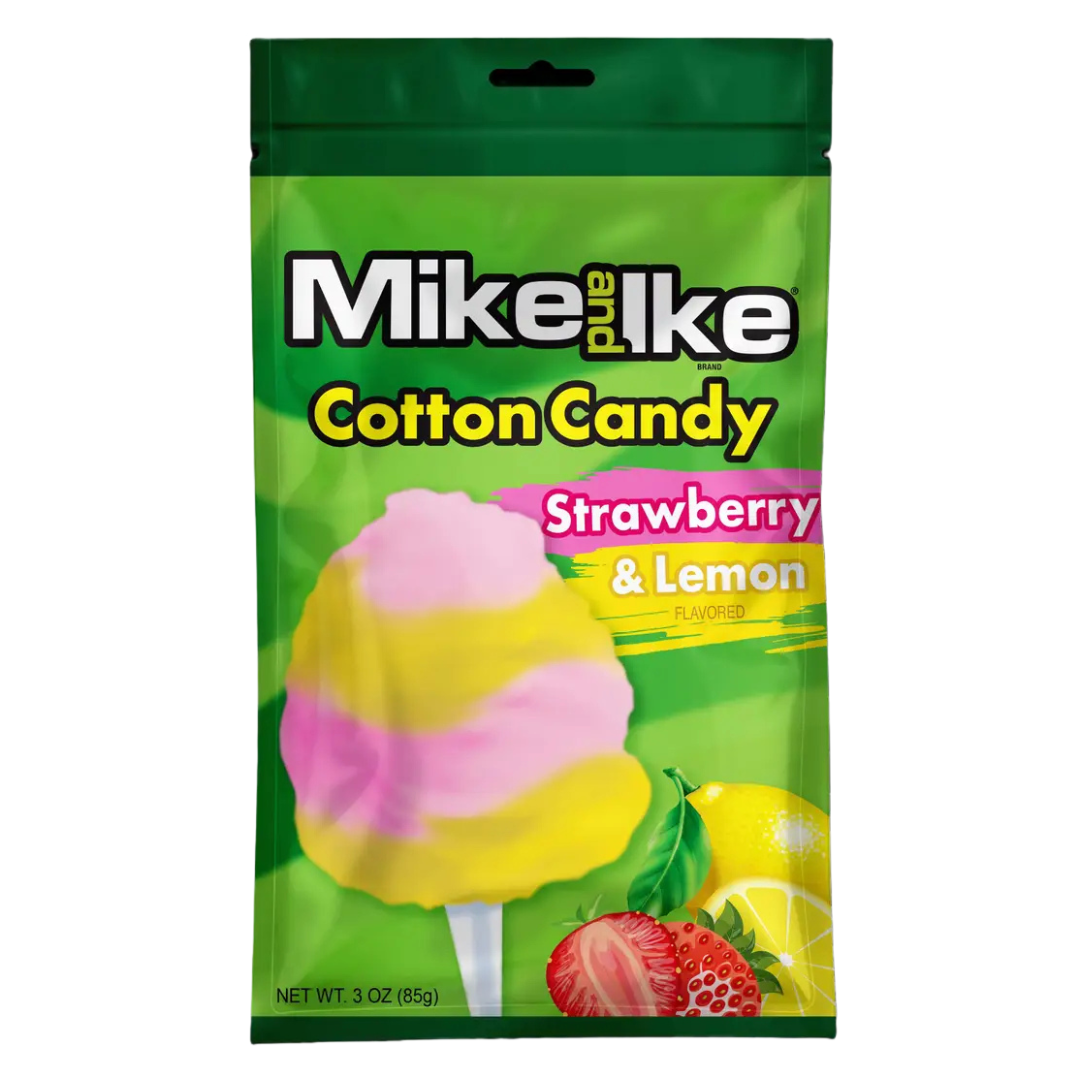 Mike and Ike Cotton Candy bag in Strawberry & Lemon flavor, featuring a pink and yellow swirled cotton candy pop graphic on a green resealable pouch with strawberry and lemon fruit imagery, net wt. 3 oz.