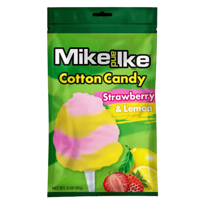 Mike and Ike Cotton Candy bag in Strawberry & Lemon flavor, featuring a pink and yellow swirled cotton candy pop graphic on a green resealable pouch with strawberry and lemon fruit imagery, net wt. 3 oz.