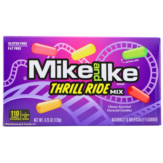 Mike and Ike Thrill Ride Mix chewy candy box featuring assorted fruity flavors in colorful candy pieces with amusement park themed packaging.