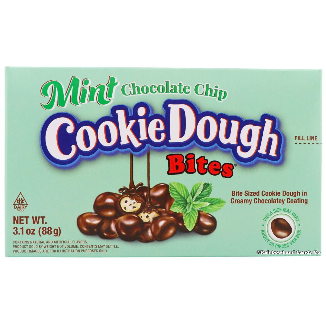 Mint Chocolate Chip Cookie Dough Bites box, 3.1 oz, featuring chocolate-coated cookie dough bites with one piece cut open to show the mint chip filling, mint leaf garnish, and "About 50 Pieces Per Box" callout.