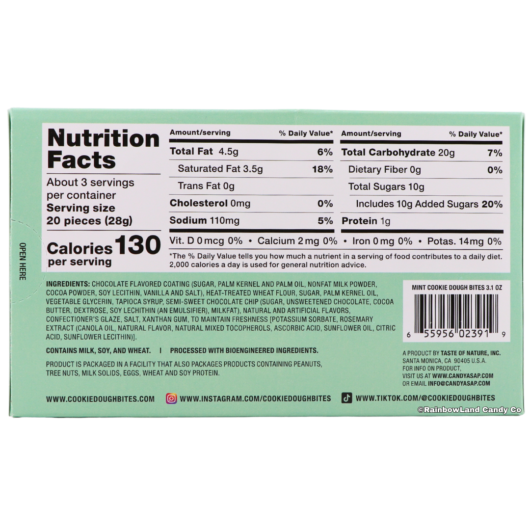 Back of Mint Chocolate Chip Cookie Dough Bites box showing nutrition facts for a 20-piece serving, full ingredients list, allergen information, and Taste of Nature Inc. manufacturer details.