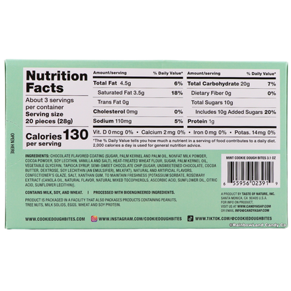 Back of Mint Chocolate Chip Cookie Dough Bites box showing nutrition facts for a 20-piece serving, full ingredients list, allergen information, and Taste of Nature Inc. manufacturer details.