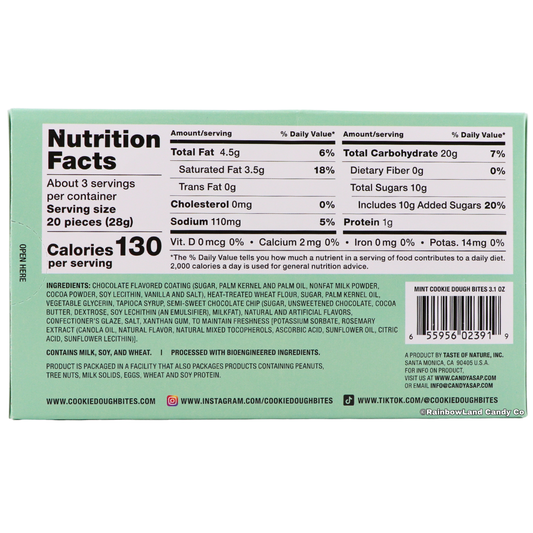 Back of Mint Chocolate Chip Cookie Dough Bites box showing nutrition facts for a 20-piece serving, full ingredients list, allergen information, and Taste of Nature Inc. manufacturer details.