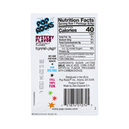 Back of Pop Rocks Mystery Flavor popping candy packet showing Nutrition Facts, ingredients list, and "Now Dye Free" and "Still 100% Fun" callouts.