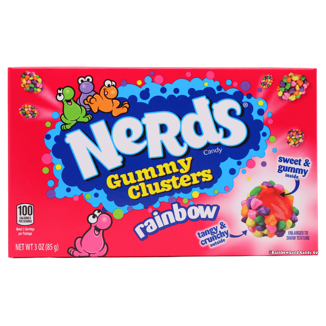 Nerds Gummy Clusters Rainbow theater box, red packaging featuring green, purple, and orange Nerds characters, an enlarged rainbow gummy cluster showing red gummy center with crunchy multicolor coating, net weight 3 oz.