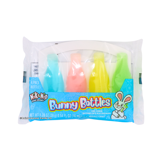 A 4 pack of Nik-L-Nip Bunny Bottles Easter wax bottle candy in lime, lemon, watermelon, and blue raspberry flavors, 1.39 oz.