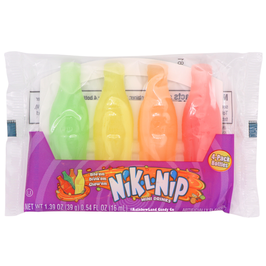 Nik-L-Nip Mini Drinks 1.39oz 4-pack featuring four colorful edible wax bottles filled with fruit-flavored candy syrup in O-So Orange, Hello Lemon, Chillin Cherry, and Groovin Green displayed in purple branded packaging.