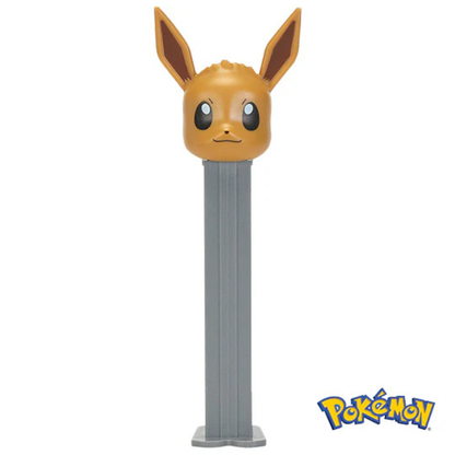 Eevee Pokémon PEZ candy dispenser with gray base and brown Eevee character head on top.