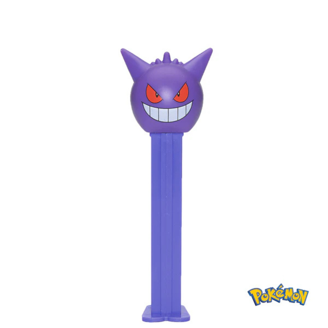 Gengar Pokémon PEZ candy dispenser with purple base and smiling Gengar character head.