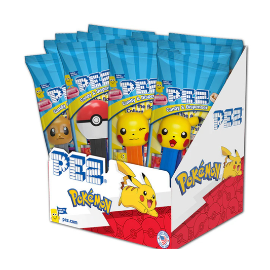 Pokémon PEZ candy dispensers featuring Pikachu, Eevee, and Poké Ball designs in retail packaging with fruit-flavored candy refills.