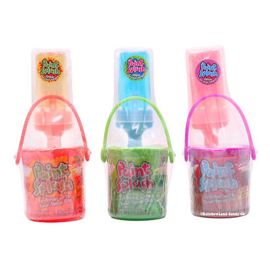 Paint Splash Lollipop dip-n-lik candy in three flavor varieties, each packaged in a clear paint bucket shaped container with a colorful handle, "Lollipop with Sour Syrup Dip" text, net weight 1.80 oz (51g) each.