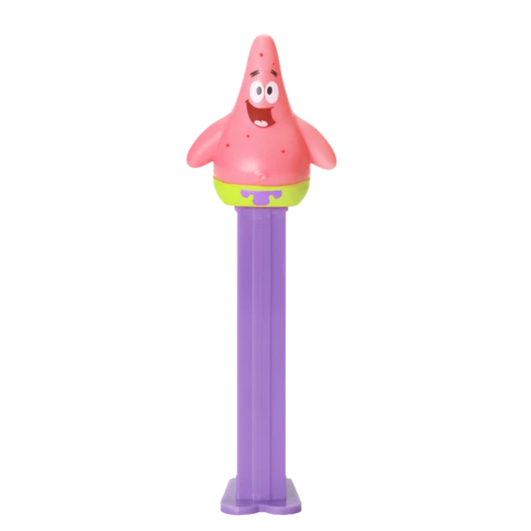 Patrick Star PEZ dispenser from SpongeBob SquarePants, pink starfish head with a smiling face, teal shorts, and a purple candy stem.