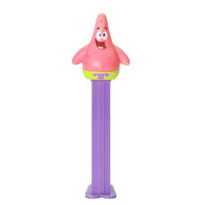 Patrick Star PEZ dispenser from SpongeBob SquarePants, pink starfish head with a smiling face, teal shorts, and a purple candy stem.