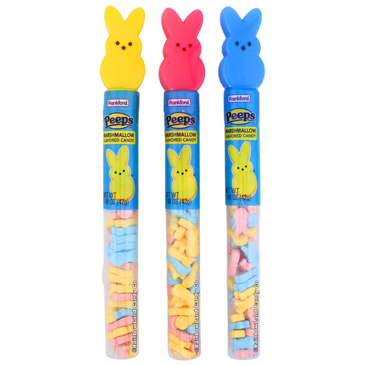 Three Peeps marshmallow flavored candy tubes 1.48 oz with bunny toppers in yellow pink and blue, clear tubes filled with pastel candy pieces