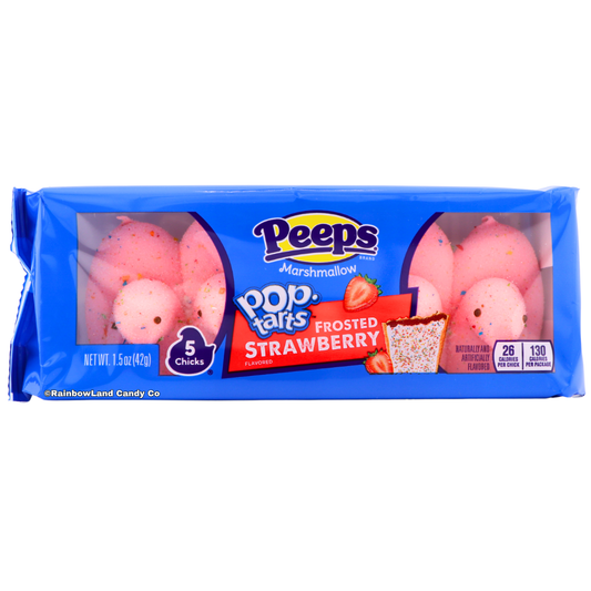 Peeps marshmallow Pop Tarts frosted strawberry flavored chick candies in pink with colorful sprinkles, packaged Easter candy with five chicks.